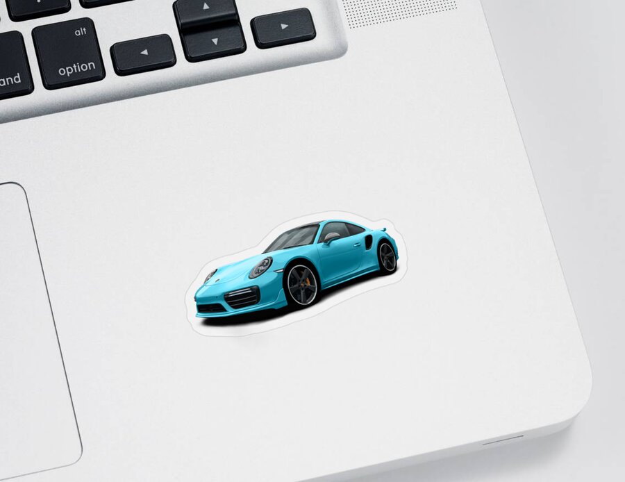 Hand Drawn Sticker featuring the digital art Porsche 911 991 Turbo S Digitally Drawn - Light Blue by Moospeed Art