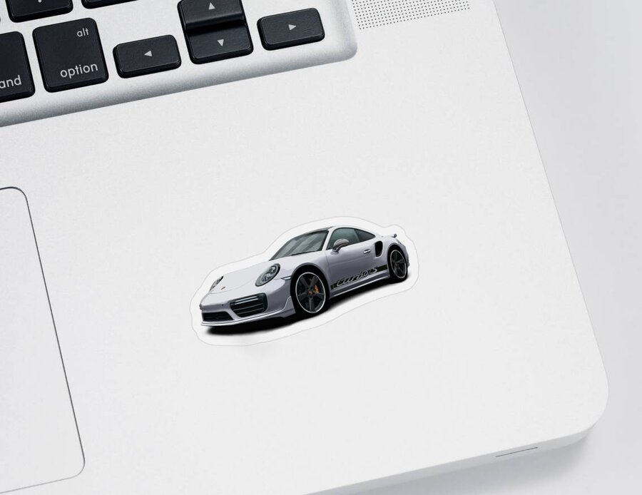 Hand Drawn Sticker featuring the digital art Porsche 911 991 Turbo S Digitally Drawn - Silver with side decals script by Moospeed Art