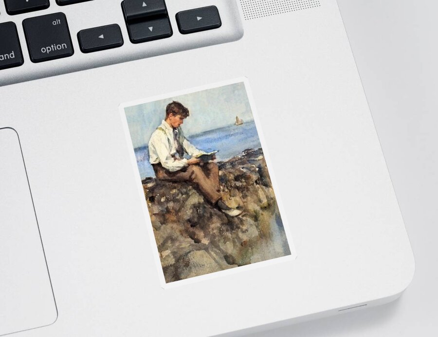 Henry Scott Tuke Sticker featuring the painting Portrait of a Young Man Reading on the Rocks by Henry Scott Tuke