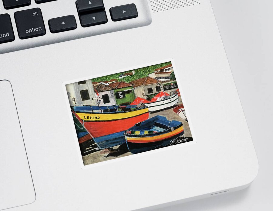 Portugul Sticker featuring the painting Portuguese Fishing Boats by Bonnie Peacher