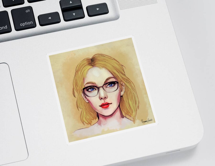 Lady Sticker featuring the digital art Pretty Blue Eyed Lady with Glasses by Ken Morris