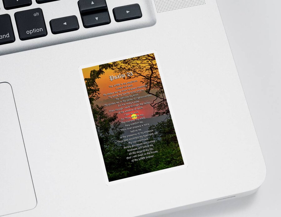 Psalm 23 Sticker featuring the mixed media Psalm 23 Prayer Over Sunset Landscape by Christina Rollo