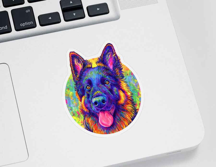 German Shepherd Sticker featuring the painting Psychedelic Rainbow German Shepherd Dog by Rebecca Wang