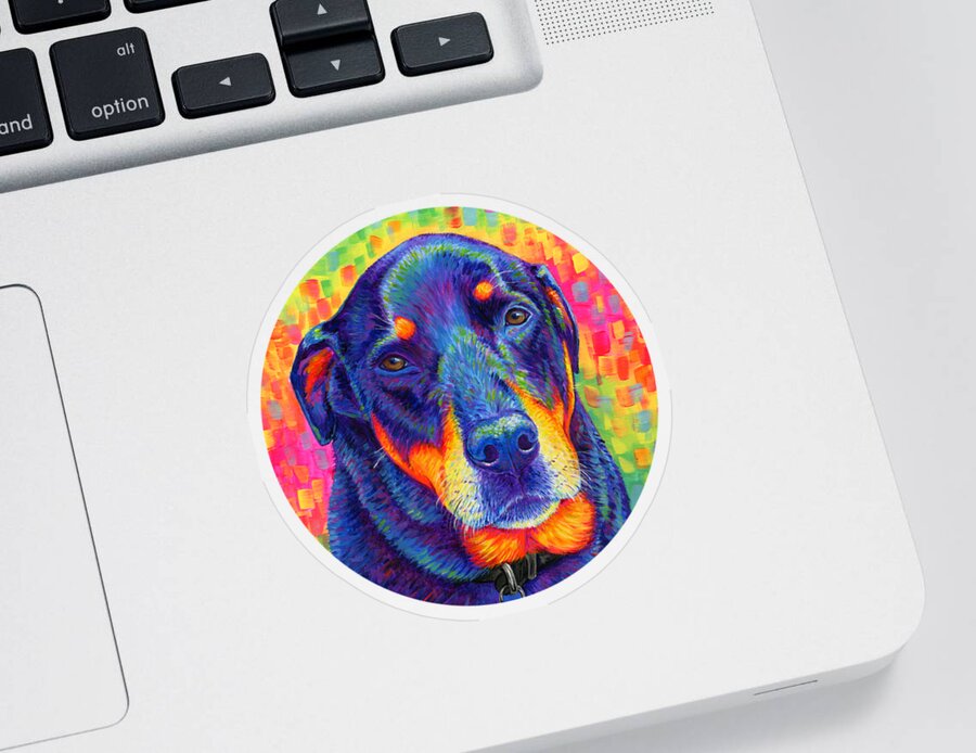 Rottweiler Sticker featuring the painting Psychedelic Rainbow Rottweiler by Rebecca Wang