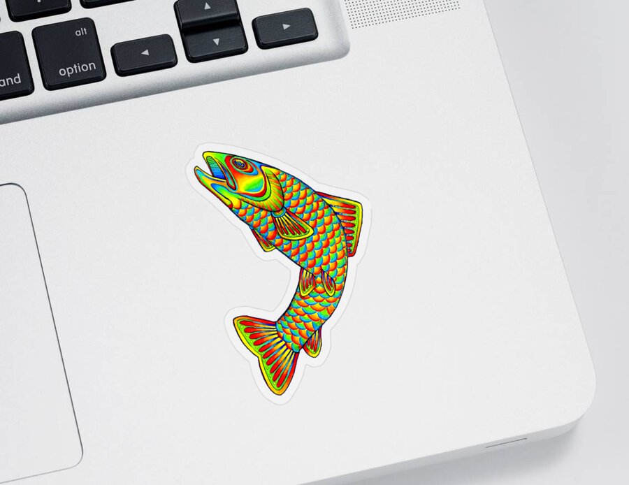 Psychedelic Sticker featuring the drawing Psychedelic Rainbow Trout Fish by Rebecca Wang