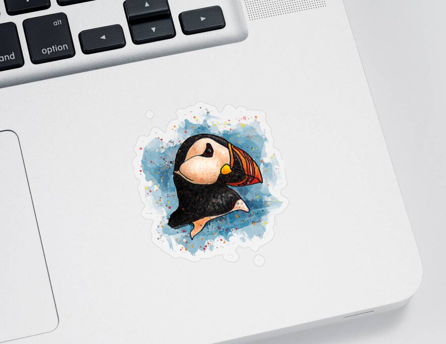 Puffin Sticker featuring the painting Puffin head on black background, Splatter art puffin by Nadia CHEVREL