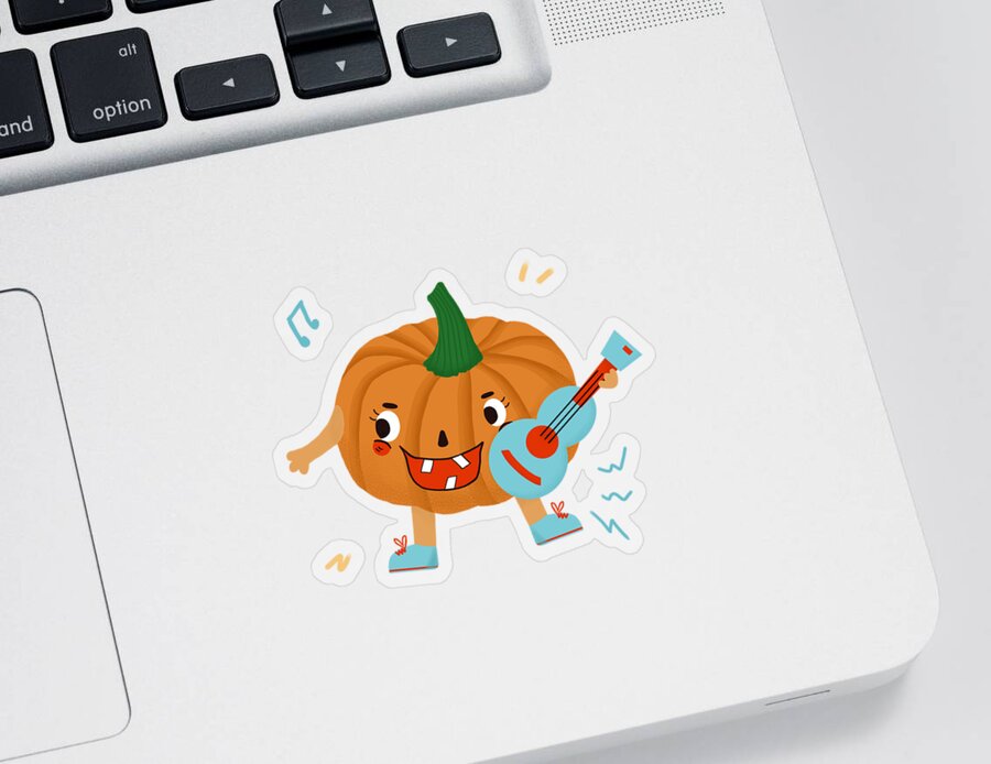 Music Sticker featuring the drawing Pumpkins love to play the ukulele by Min Fen Zhu