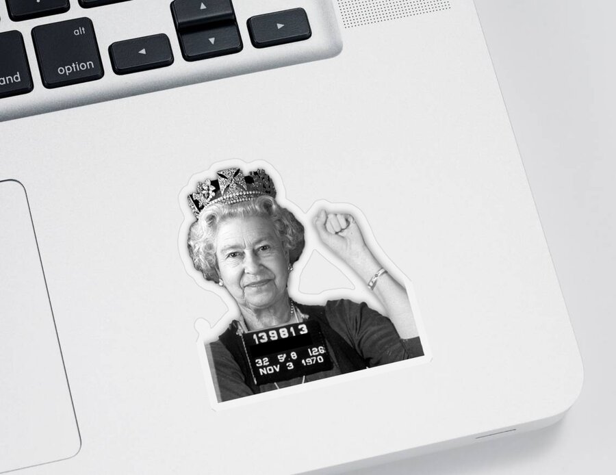 Metal Sticker featuring the painting Queen Elizabeth Protest Jane Fonda Mug Shot by Tony Rubino