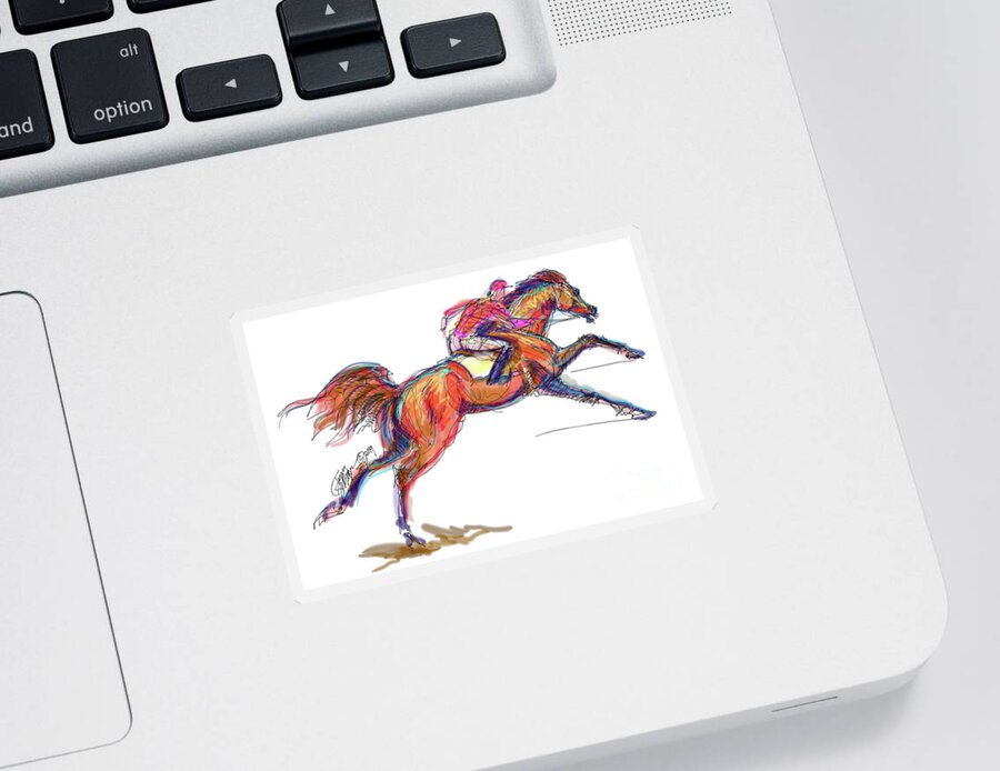 Thoroughbreds; Racehorses; Racing; Horse Race; Jockey; Degas; Contemporary Art; Contemporary Equine Art; Modern Equine Art; Equine Art Cards; Equine Art Gifts; Racehorse Gifts; Race Horse Mugs Sticker featuring the digital art Race Horse for Julie June Stewart by Stacey Mayer