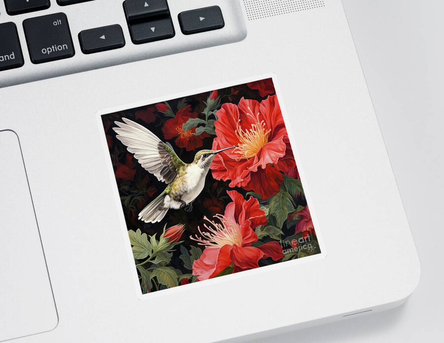 Ruby Throated Hummingbird Sticker featuring the painting Radiant Ruby by Tina LeCour