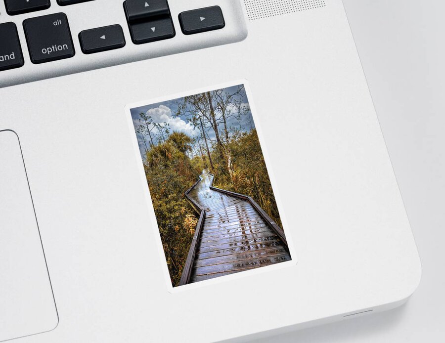Clouds Sticker featuring the photograph Rainy Reflections on the Boardwalk Trail in Autumn by Debra and Dave Vanderlaan