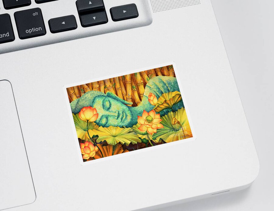 Buddha Paintings Sticker featuring the painting Reclining Buddha by Yuliya Glavnaya