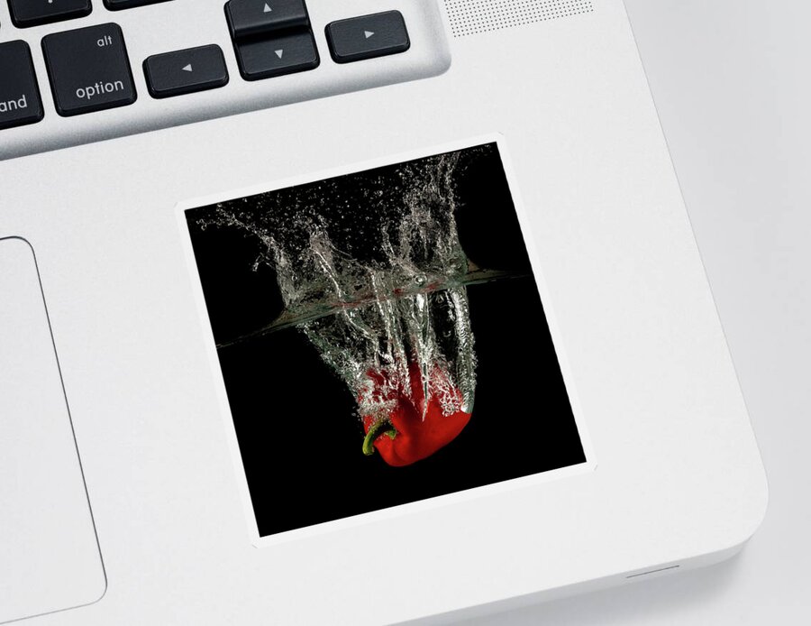Pepper Sticker featuring the photograph Red bell pepper dropped and slashing on water by Michalakis Ppalis