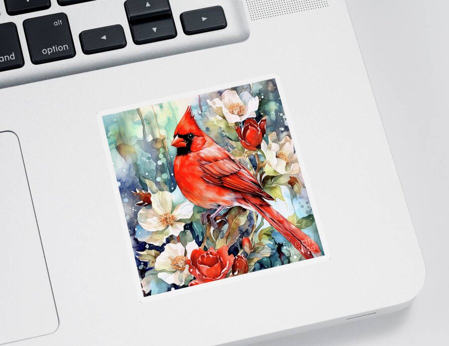 Northern Cardinal Sticker featuring the painting Red Cardinal In The Roses by Tina LeCour