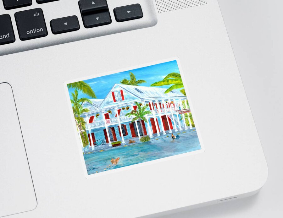 Conch House Sticker featuring the painting Red Doors Inn by Linda Cabrera