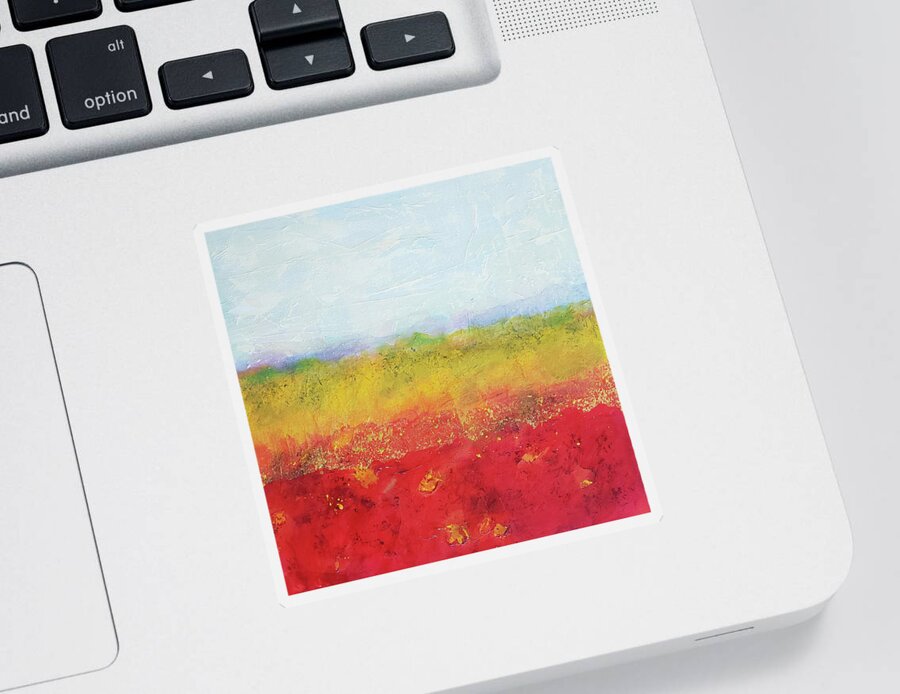 Red Earth Sticker featuring the mixed media RED EARTH Abstract Landscape in Red Yellow Blue White by Lynnie Lang