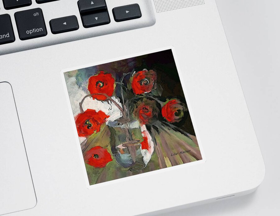 Red Sticker featuring the painting Red Roses In A Vase by Lisa Kaiser
