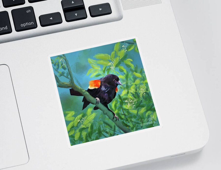 Bird Sticker featuring the digital art Red-Winged Blackbird On Display by Lois Bryan