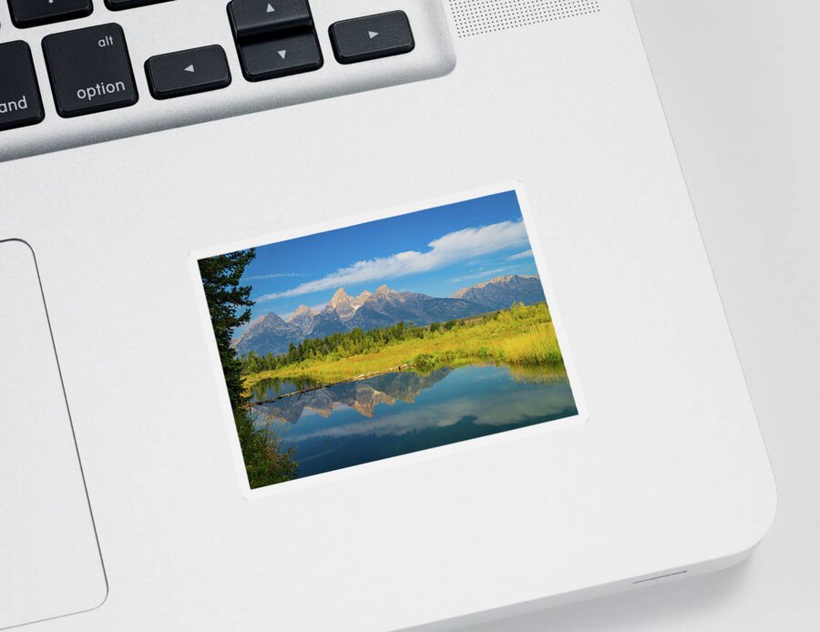 Grand Teton National Park Sticker featuring the photograph reflection of the Grand Teton Mountain Range by Ann Moore