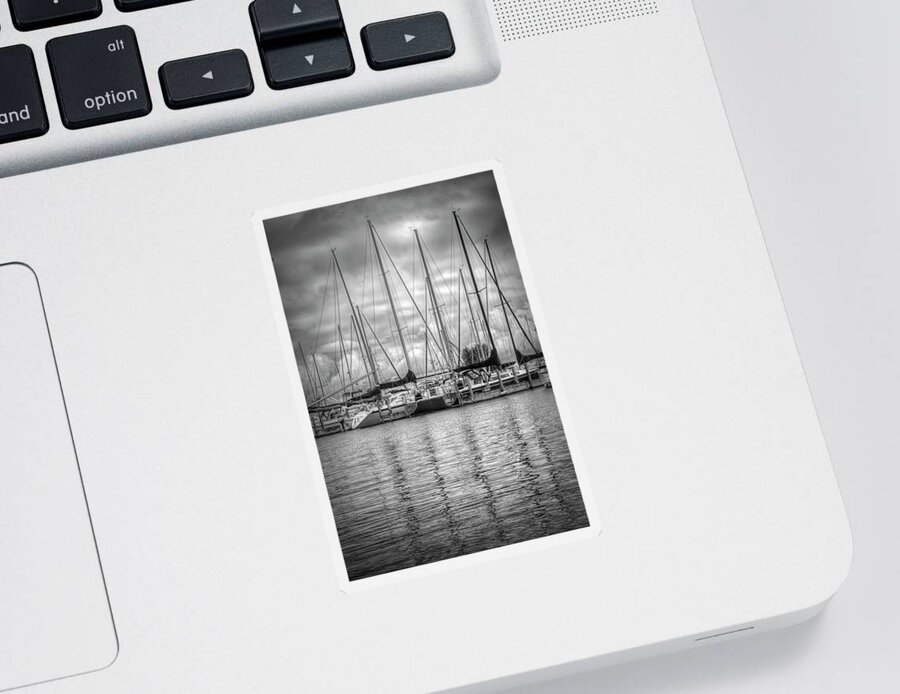 Boats Sticker featuring the photograph Reflections and Boats at the Harbor in Black and White by Debra and Dave Vanderlaan