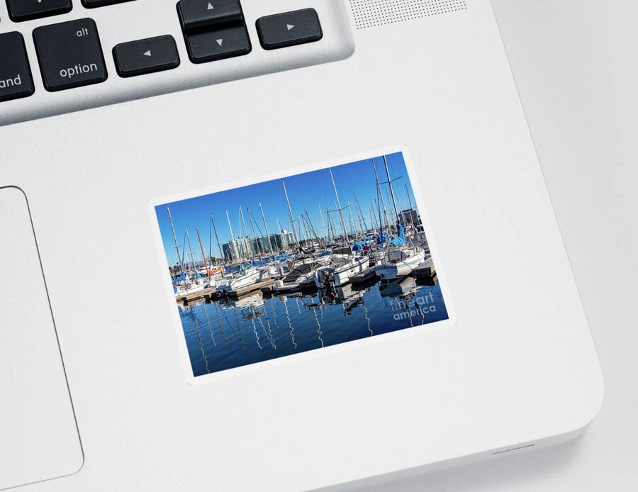 Sailboats Sticker featuring the photograph Reflections of sailboats in blue water by Roslyn Wilkins