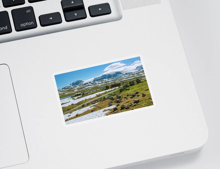 Blue Sky Sticker featuring the photograph Remote Norwegian Cabins in the Mountain Pass by Matthew DeGrushe