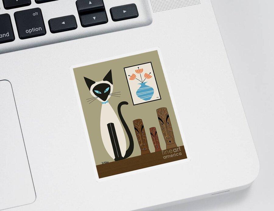 Mid Century Cat Sticker featuring the digital art Retro Siamese with Tikis by Donna Mibus