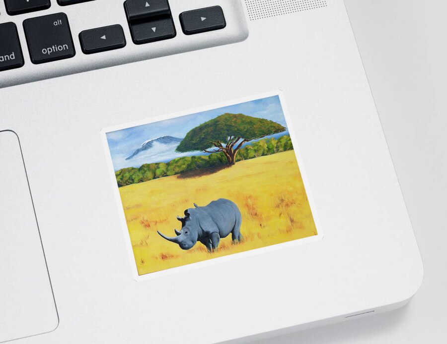 Kilimanjaro Sticker featuring the painting Rhino and Kilimanjaro by Tracy Hutchinson