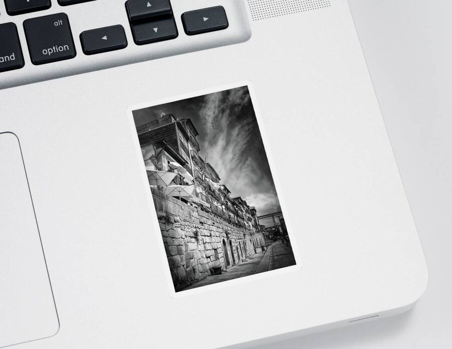 Porto Sticker featuring the photograph Ribeira District of Porto Portugal Black and White by Carol Japp