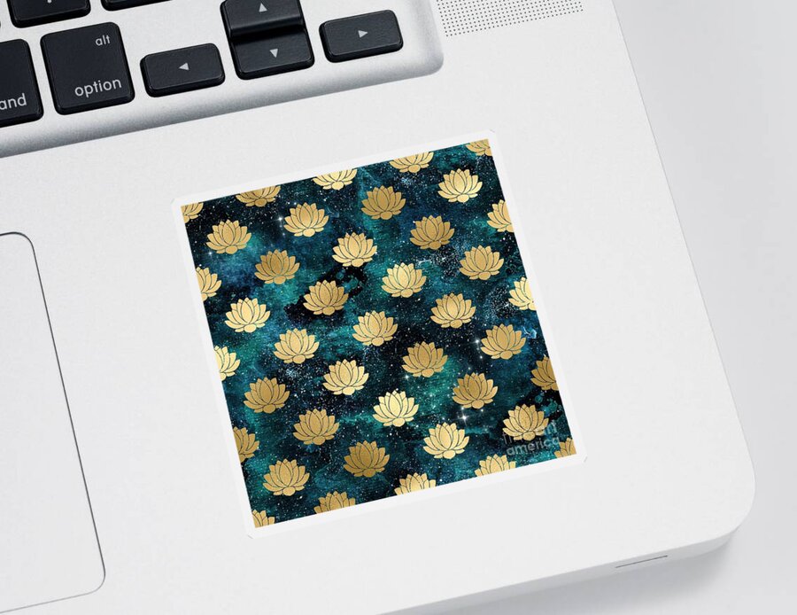 Watercolor Sticker featuring the digital art Rivala - Teal Gold Watercolor Lotus Galaxy Dharma Pattern by Sambel Pedes