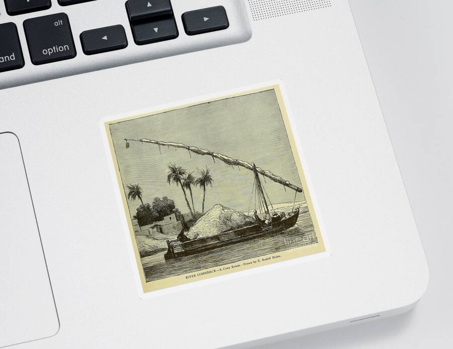 Landscape Sticker featuring the drawing River Commerce A corn Barge n5 by Historic Illustrations