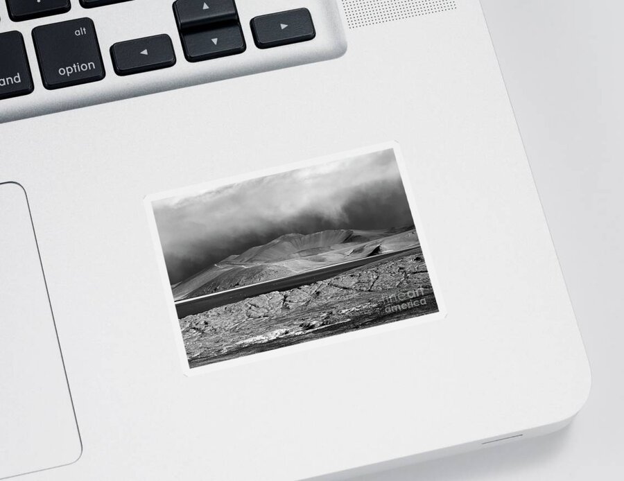 Chile Sticker featuring the photograph Rocks storm clouds and Laguna Santa Rosa monochrome Chile by James Brunker