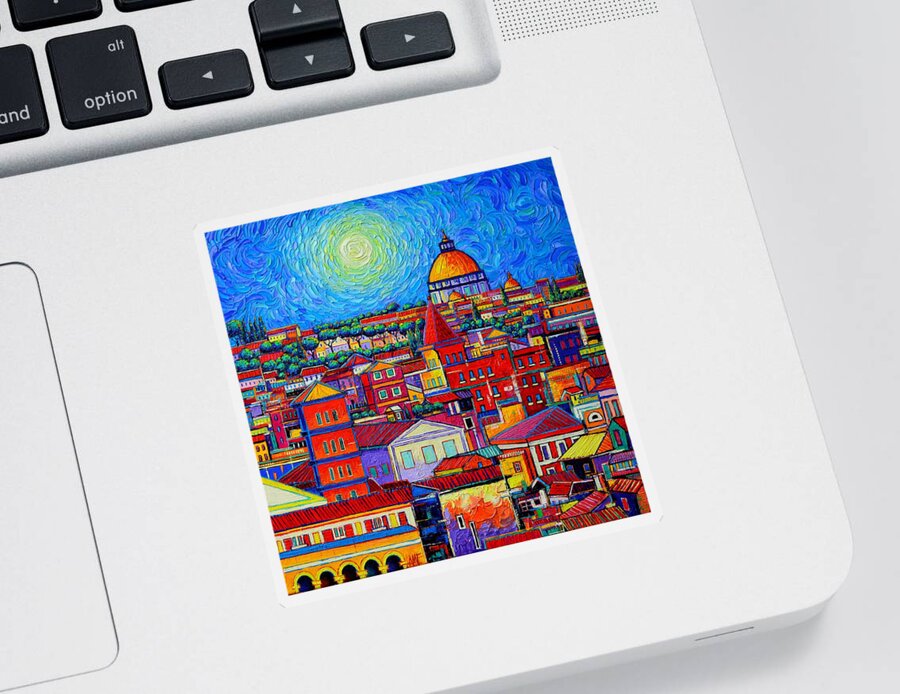 Rome Sticker featuring the painting ROMA COLORFUL ROOFTOPS ABSTRACT CITYSCAPE commissioned palette knife oil painting Ana Maria Edulescu by Ana Maria Edulescu