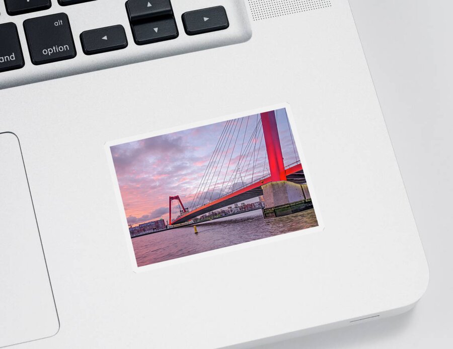 Rotterdam Sticker featuring the photograph Rotterdam, Willems Bridge at sunrise by Frans Blok