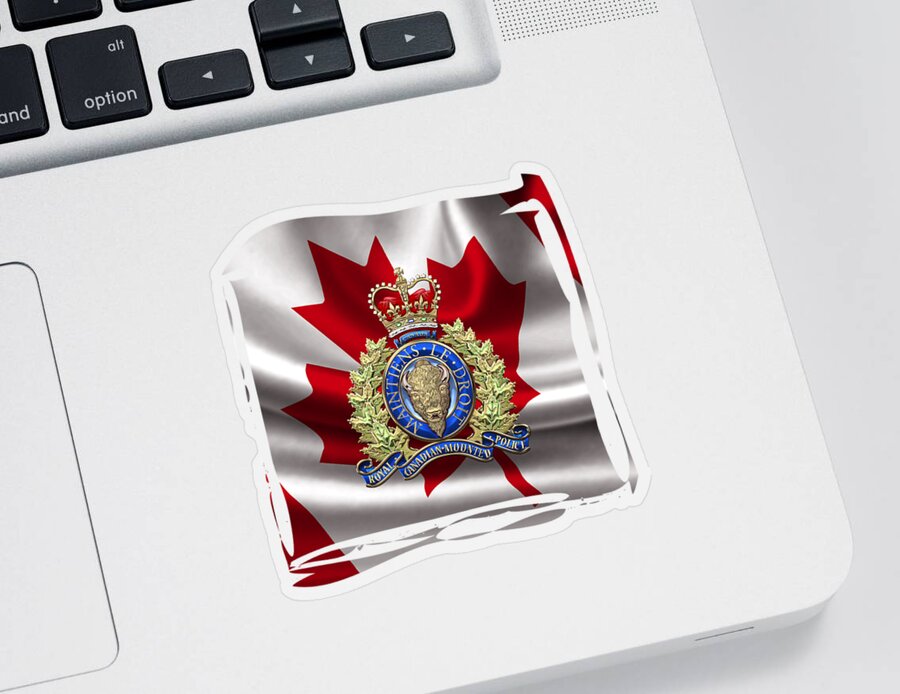 'insignia & Heraldry' Collection By Serge Averbukh Sticker featuring the digital art Royal Canadian Mounted Police - R C M P Badge over Canadian Flag by Serge Averbukh