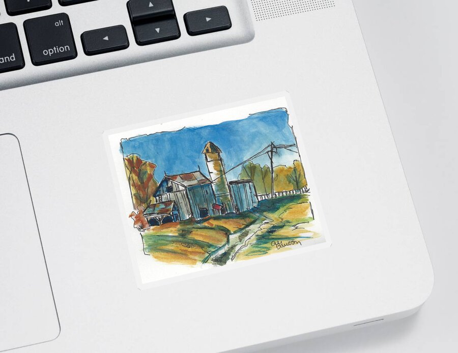 Barn Sticker featuring the painting Rustic Barn Watercolor and Ink Painting of a Barn with Silo during Autumn by Ali Baucom