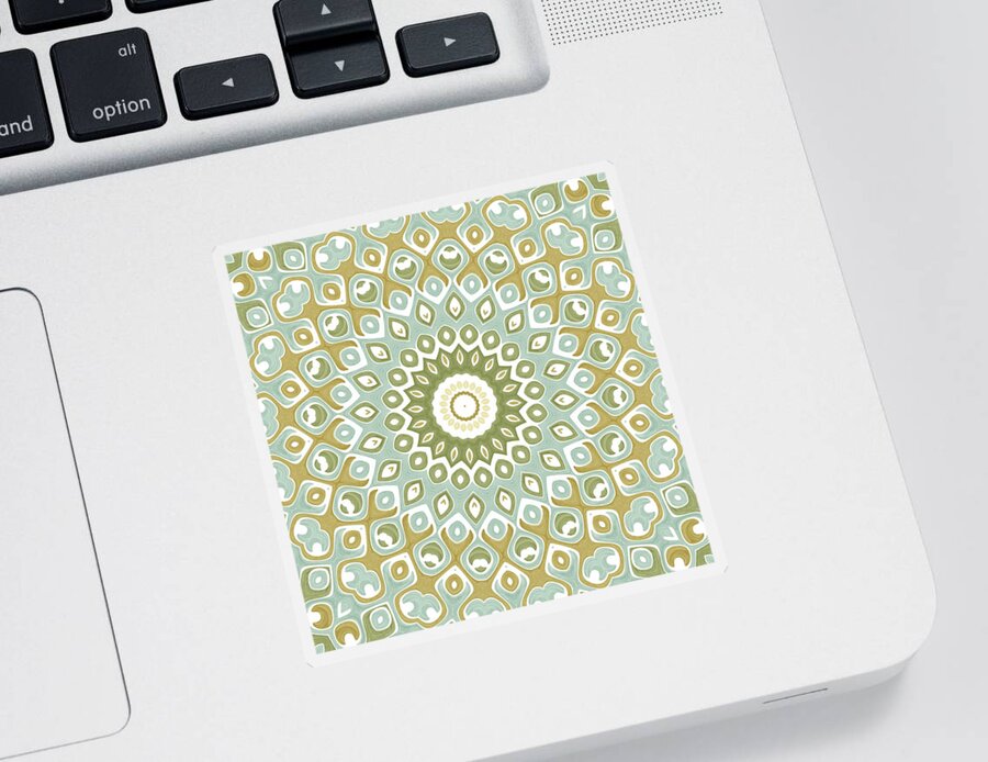 Sage Green Sticker featuring the digital art Rustic Mandala Kaleidoscope Medallion Flower by Mercury McCutcheon