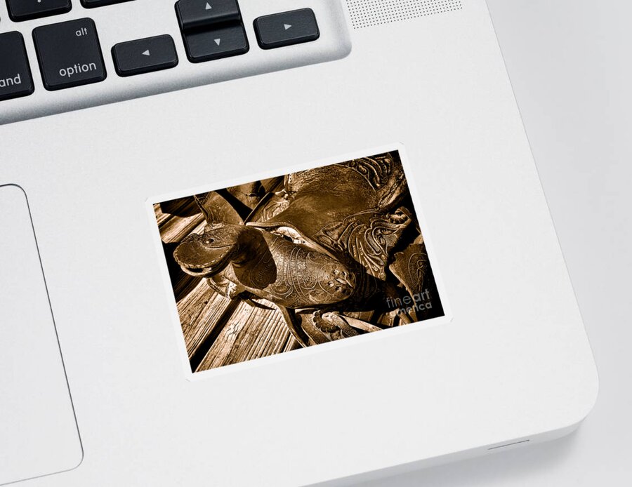 Saddle Sticker featuring the photograph Saddle of Broken Dreams - Sepia by Olivier Le Queinec