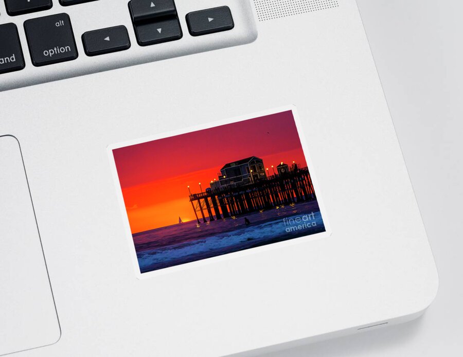 #sunset #oceanside #pier #sailboat #seascape Sticker featuring the photograph Sailboat at Sunset by Rich Cruse