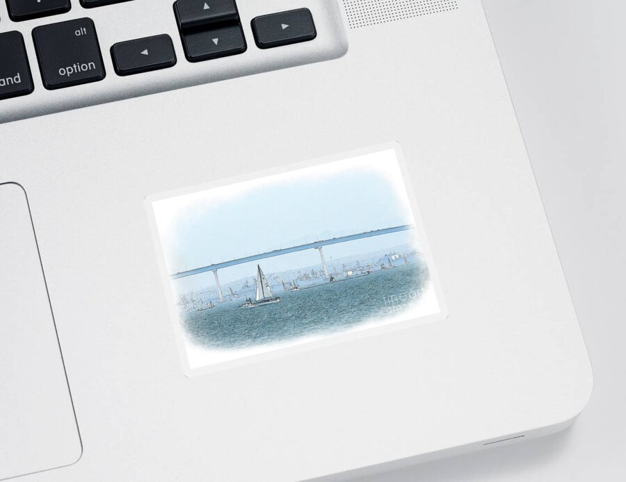 San-diego Sticker featuring the digital art Sailing by the Coronado Bridge by Kirt Tisdale