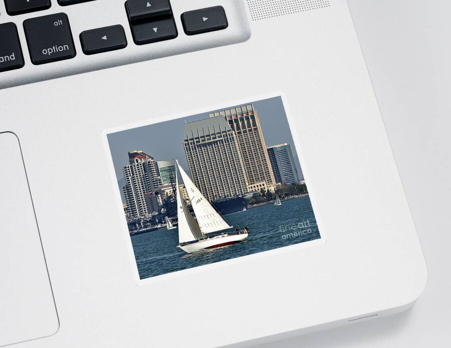 San-diego Sticker featuring the digital art Sailing San Diego Bay Skyline by Kirt Tisdale