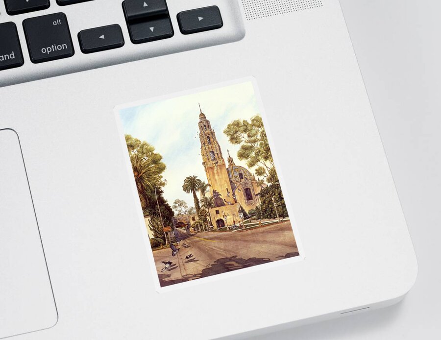 San Diego Paintings Sticker featuring the painting San Diego, Balboa Park, California Bell Tower by John YATO