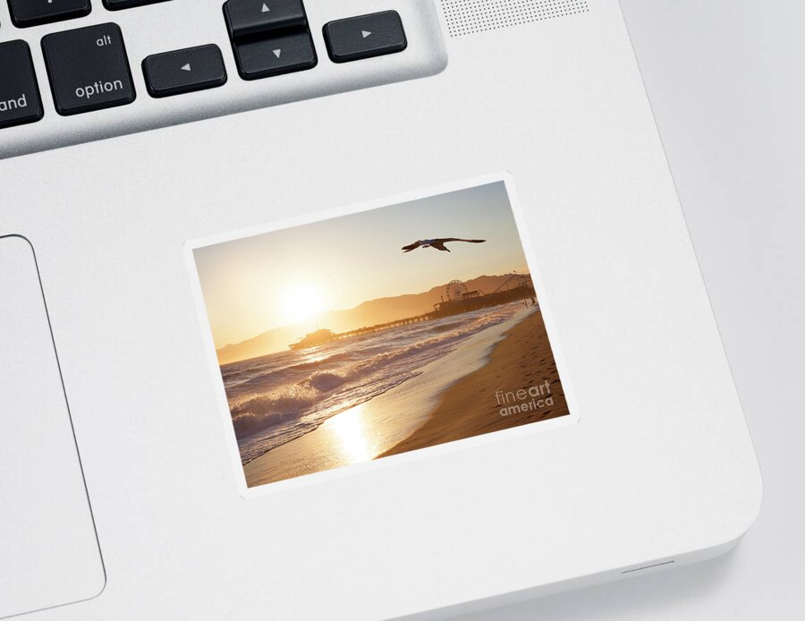 Santa Monica Sticker featuring the photograph Santa Monica beach at sunset. Southern California by Stella Levi