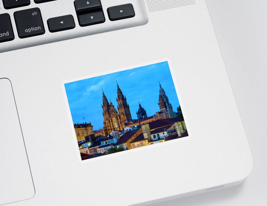 Way Sticker featuring the photograph Santiago de Compostela Cathedral Spectacular View by Night and Tiled Roofs La Coruna Galicia by Pablo Avanzini