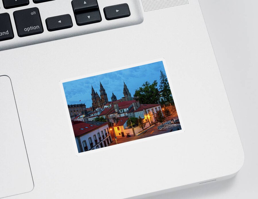 Way Sticker featuring the photograph Santiago de Compostela Cathedral Spectacular View by Night Dusk with Street Lights and Tiled Roofs La Corua Galicia by Pablo Avanzini