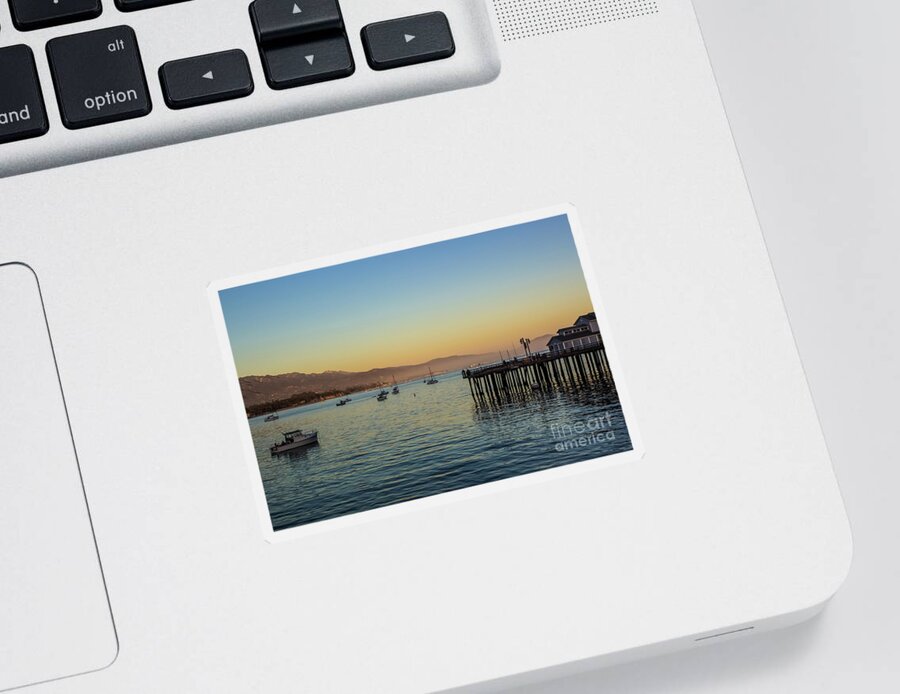 Sunset Sticker featuring the photograph SB Wharf And Boats At Sunset by Suzanne Luft
