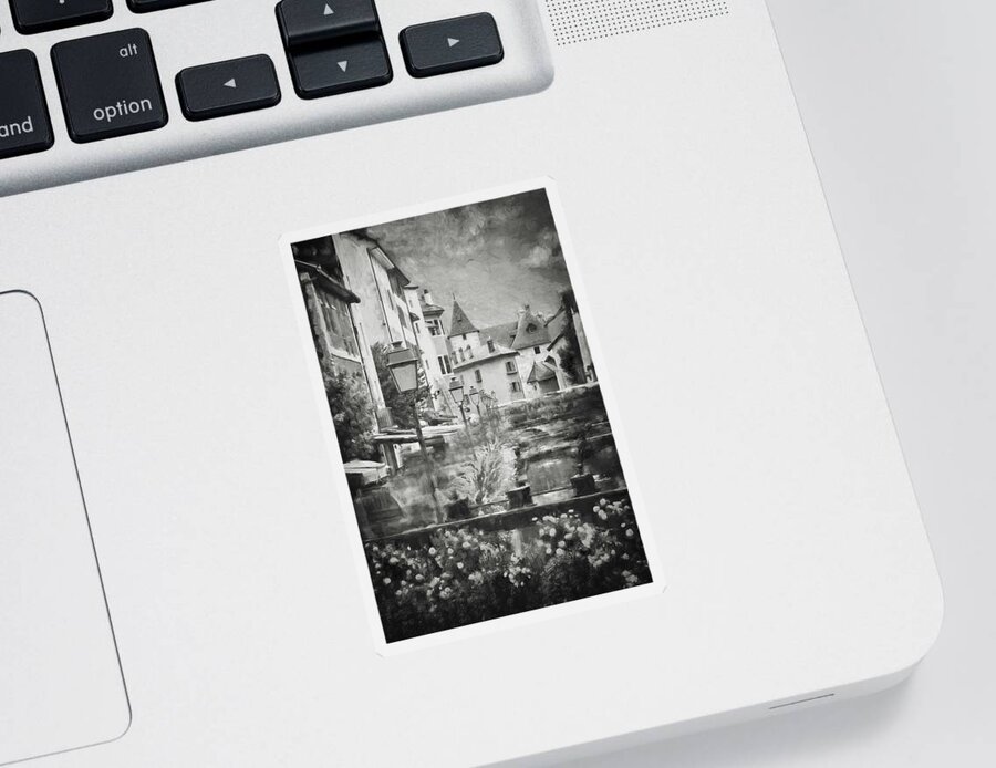 Annecy Sticker featuring the photograph Scenes of Old Annecy France Painterly Black and White by Carol Japp