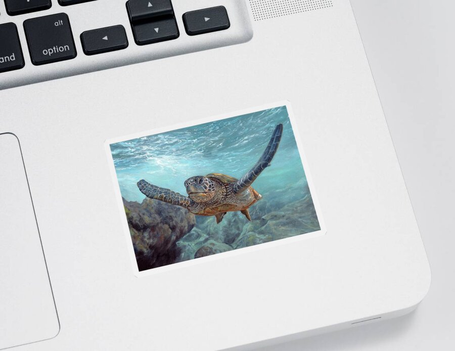 Sea Turtle Sticker featuring the painting Sea Diver by David Stribbling