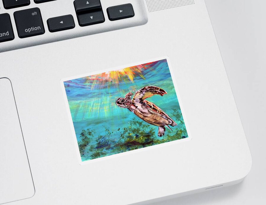 Sea Turtle Sticker featuring the painting Sea Turtle Catching Some Rays by Kelly Smith