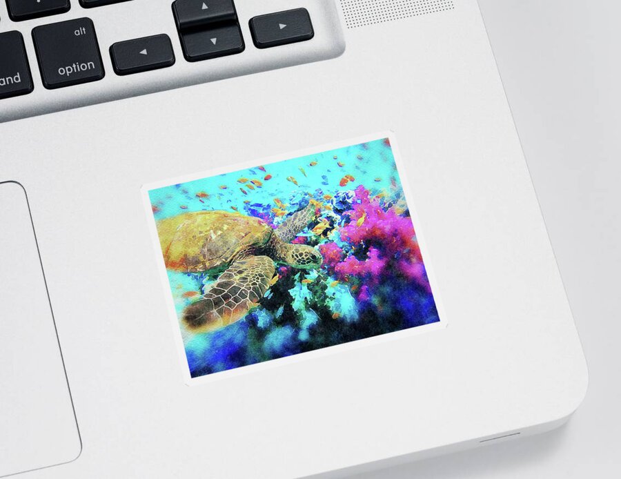 Sea Turtle Sticker featuring the digital art Sea Turtle with Fish and Coral Reef Watercolor Painting by Shelli Fitzpatrick